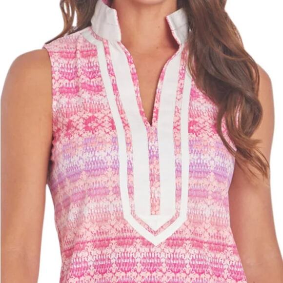 Cabana Life Shift Tunic Dress V-neck Sleeveless Pink White Geo Women’s Size 1X - Picture 2 of 14